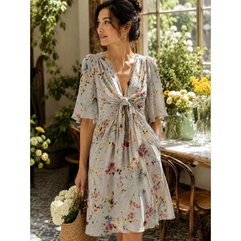 Anthropologie Yoana Baraschi Silk Tie Front Wildflower Dress Floral Gray S